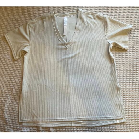 Lululemon Off White Softstreme Ribbed Relaxed Fit V Neck Short Sleeve Tee Size 8 - Picture 10 of 10